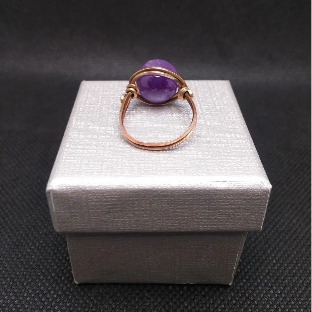 Artisan Amethyst Copper Ring Solitaire Wire Wrapped 12mm Gemstone Sz 8 NEW